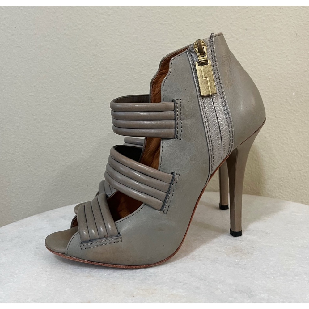 L.A.M.B. Size 8M Grey Peep Toe Leather Pump Cage High Heels - Picture 9 of 10